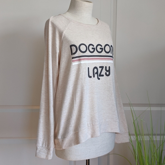 PJ Salvage Doggone Lazy Print Lounge Pullover Long Raglan Sleeve Oatmeal M NWT - Picture 3 of 8